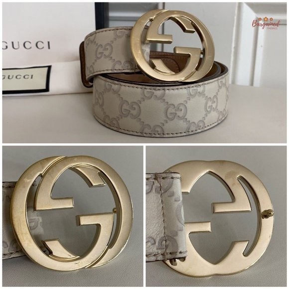 Authentic Gucci Cream Guccissima Leather Gold Interlocking G Buckle Belt 85/34 - Picture 2 of 12